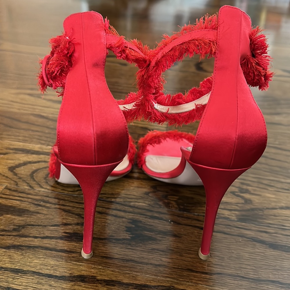 GIANVITO ROSSI Caribe 105 Red Satin Fringe Trim Accent Sandals Size 40.5 - Picture 13 of 16